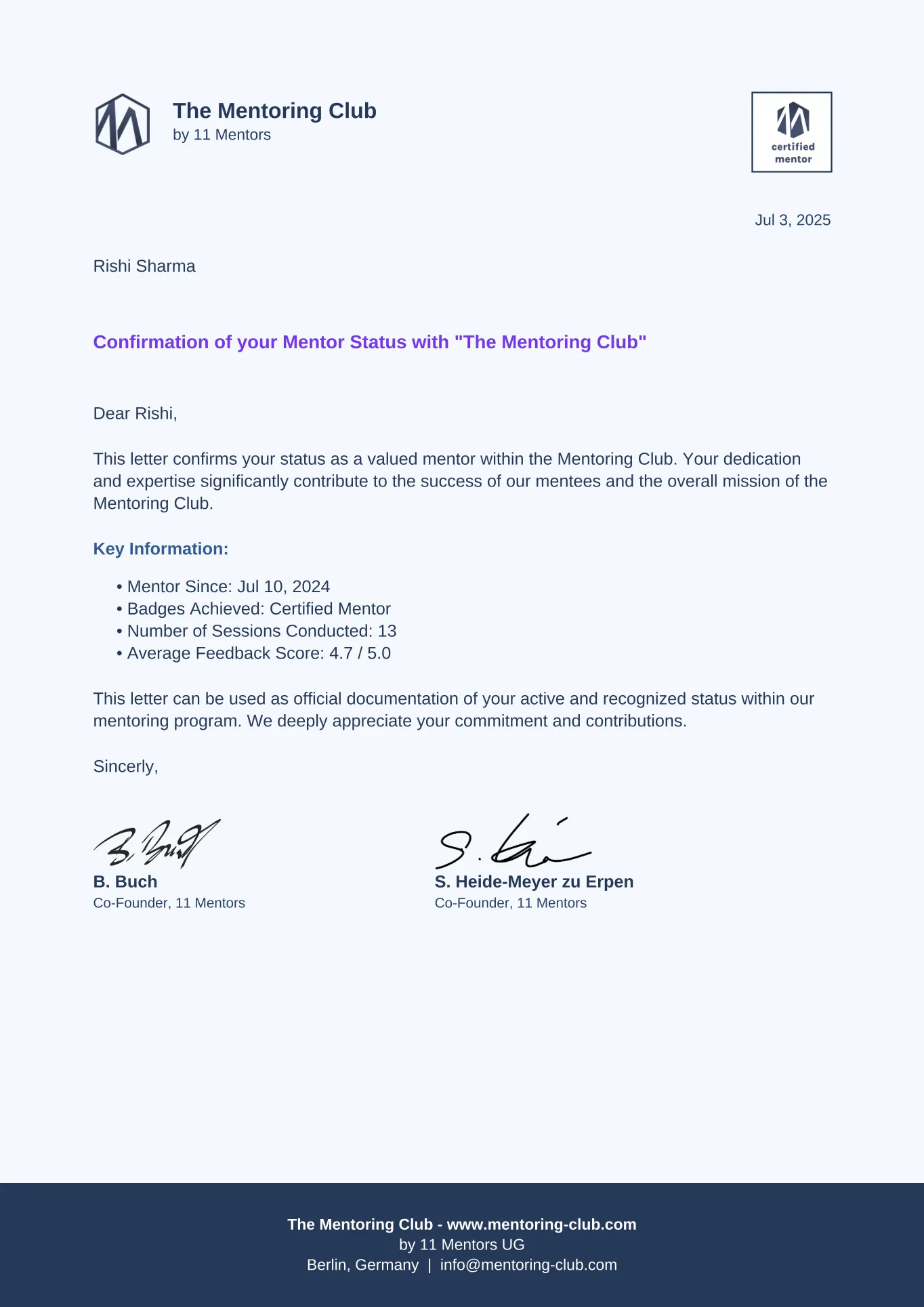Mentor Status Confirmation — The Mentoring Club